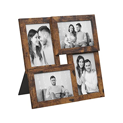 SONGMICS Collage de 4 marcos para fotos de 10 x 15 cm, Portafotos de Madera con Vidrio, Colgar en la pared, para Hogar, Oficina, GalerÃ­a, MarrÃ³n RÃºstico RPF025X01