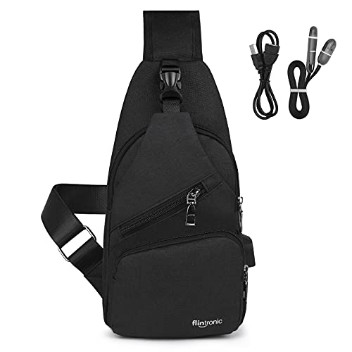 flintronic Sling Bag, Bolsa de Pecho con Puerto de Carga USB, 19 * 32.5 * 10.5cm Mochila de Viaje para Hombres y Mujeres (incluye 1 cable USB + 1 Cable de Doble Cabeza)-Negro