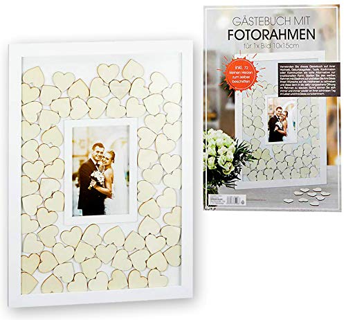 Brandsseller Libro de visitas con marco de fotos integrado para bodas, ocasiones especiales, con 72 corazones de madera para escribir